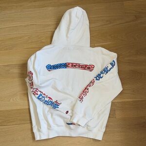 Chrome Hearts Matty Boy White Hoodie with Red and Blue Sleeve Graphics
